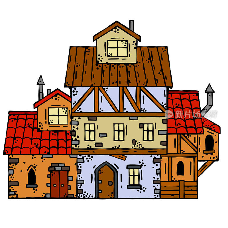 中世纪的房子。村庄建设。有烟囱的老房子。卡通复古的插图。小古城