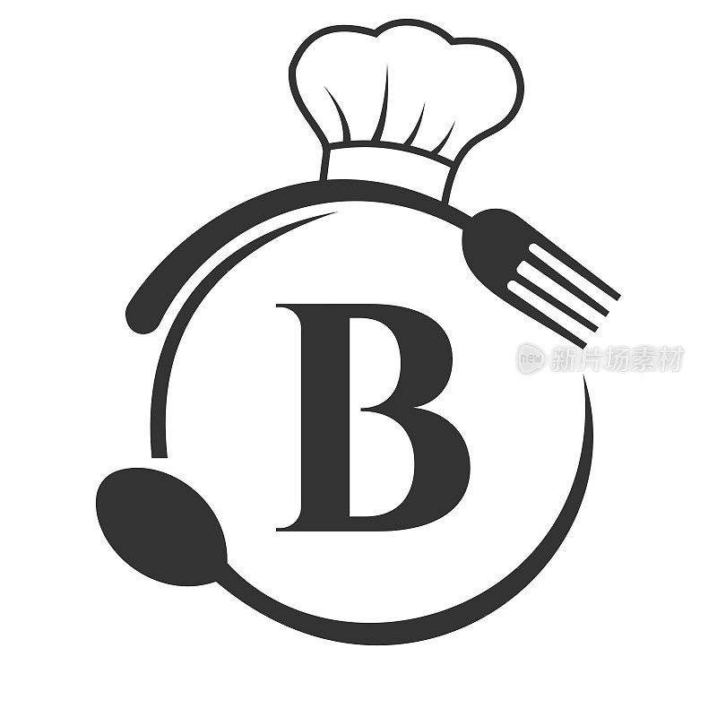 餐厅标志，餐厅标志在字母b厨师帽子，勺子和叉子餐厅符号向量模板