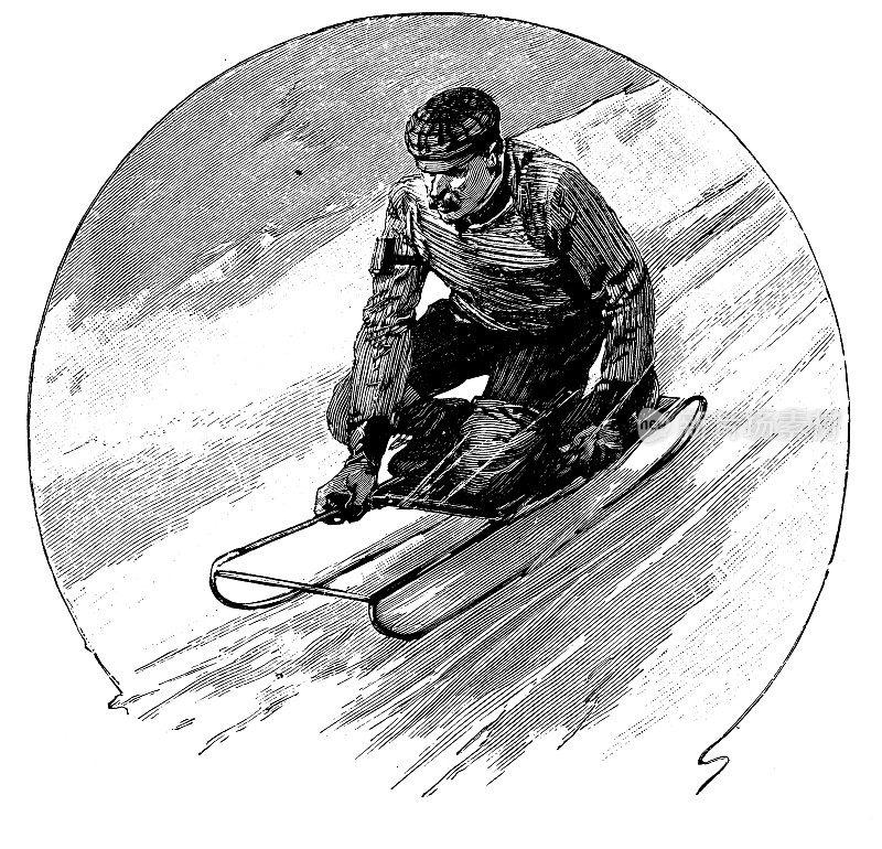 古董插图:无舵雪橇、雪橇、有舵雪橇、达沃斯雪橇比赛