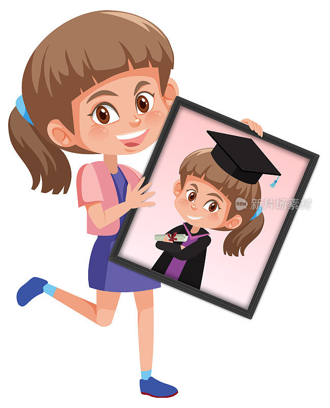 卡通人物的一个女孩拿着她的毕业肖像照片