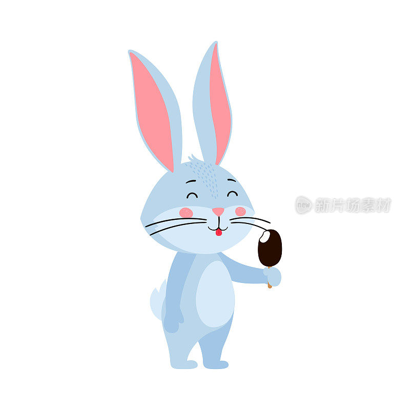 可爱的卡通兔子或野兔。兔子吃冰棒冰淇淋。印在儿童t恤，贺卡，海报上。手绘矢量插图孤立在白色背景上