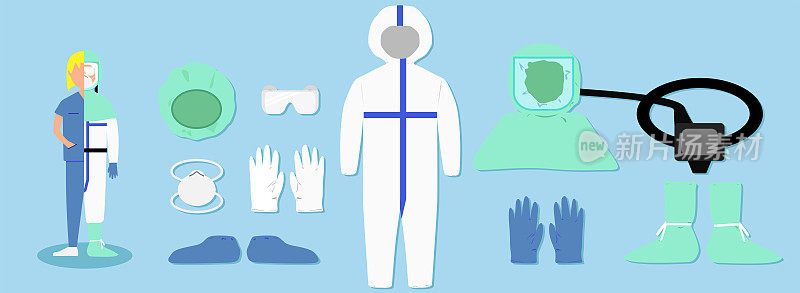 矢量成套的医疗个人防护设备，如一次性发网帽，呼吸口罩，安全护目镜眼镜，手套，鞋套，西装和PAPR的新冠肺炎和防护概念