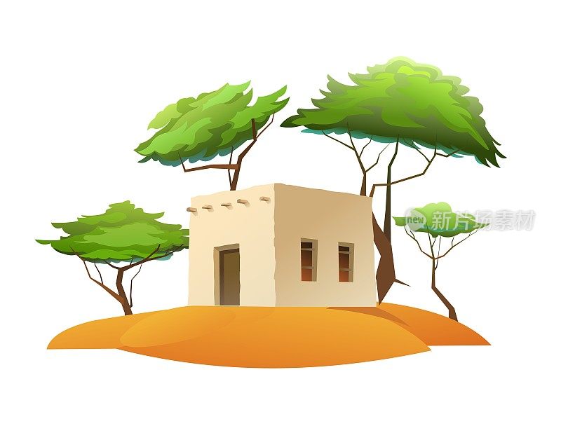 阿拉伯粘土小屋。中东土坯房。非洲和亚洲的传统房屋。在沙漠。白色背景隔离矢量。