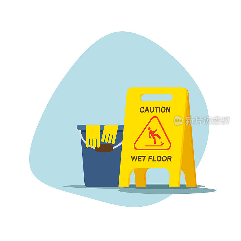 用黄色橡胶手套弄湿地板标志和桶。