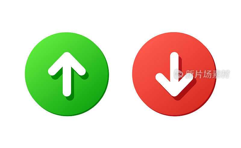 上下绿色和红色按钮，圆形矢量图标，白色箭头，方向，设计元素