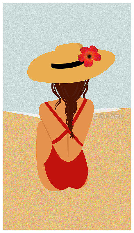 穿红色泳衣的女人坐在海边的沙滩上。矢量插图。扎着小辫子的时尚女孩，夏天戴着草帽在沙滩上放松。暑假。穿着泳装的女孩在沙滩上晒太阳