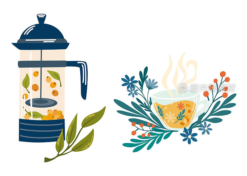 花草茶。杯子里装着茶莓和茶叶。热饮自然健康。药剂师的自然健康海报，有机，草药茶，野花和草药。矢量平面卡通插图
