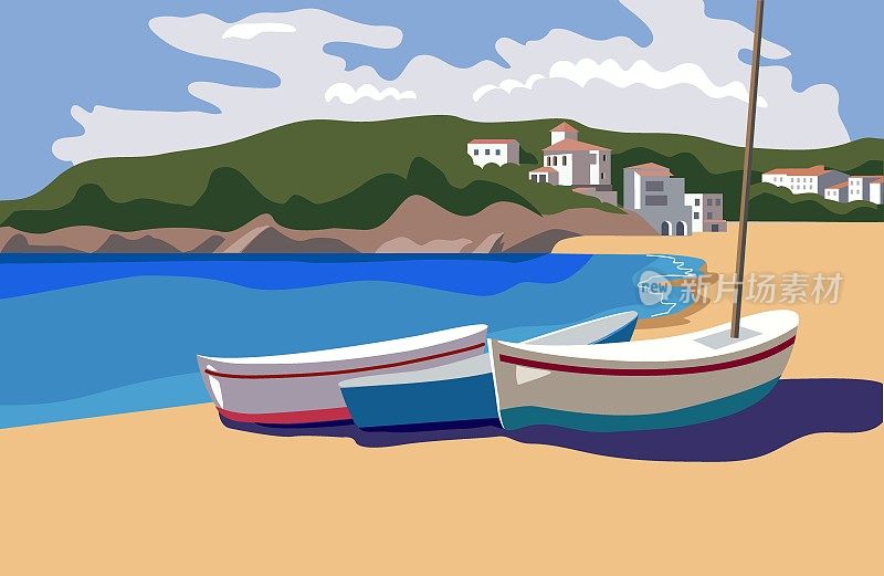 地中海景观与渔船平风格矢量插图