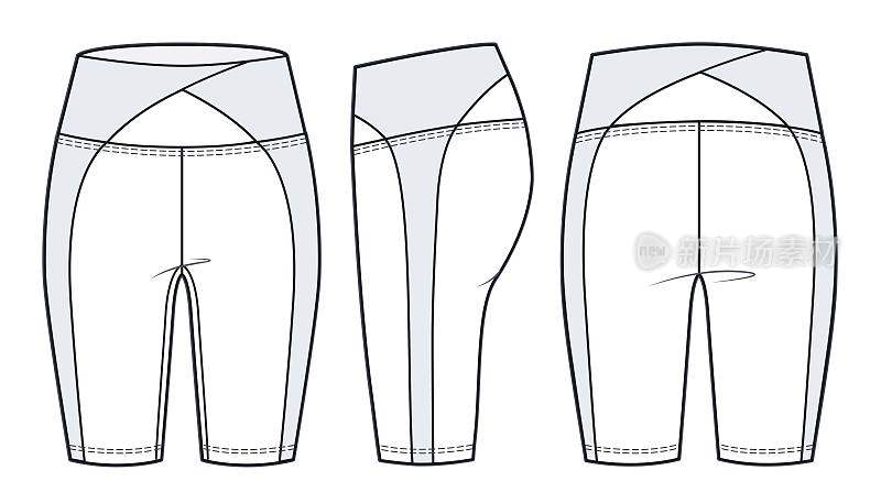 女孩的短腿时装平面素描模板。妇女积极穿自行车短裤技术时尚插图，前面，侧面，背面视图，白色，CAD模型。