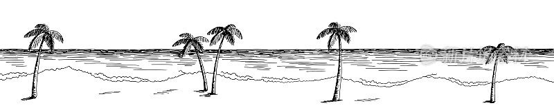 海岸图形黑白色长景观素描插图矢量