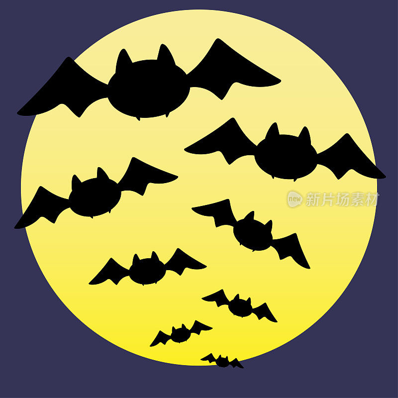 一群蝙蝠在月亮的背景下。万圣节。卡通蝙蝠的剪影。