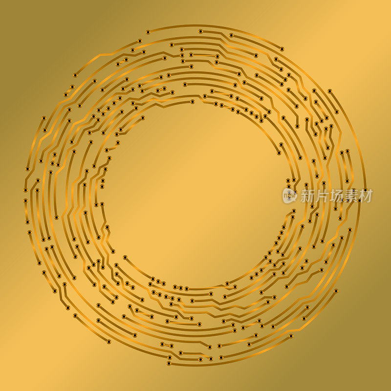 金色电路板风格的抽象圆形电子背景图案。