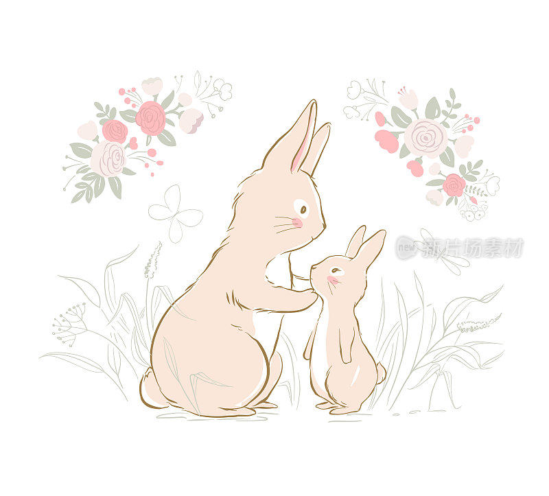 兔子妈妈和兔子宝宝的矢量插画。兔妈妈和兔宝宝被玫瑰花环绕。可用于t恤印花、童装时尚设计、宝宝送礼会请柬