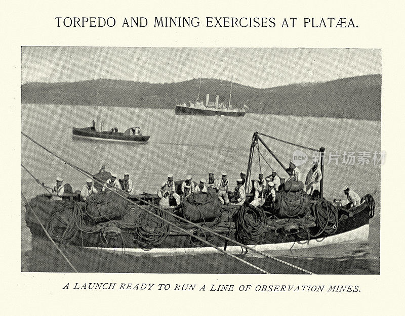19世纪维多利亚时代，19世纪90年代，英国皇家海军水手在普拉提亚演习中观察水雷