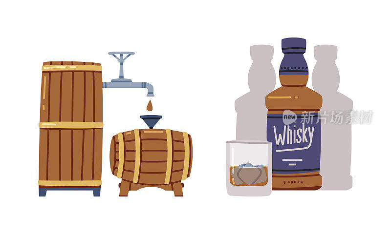 威士忌或威士忌倒在玻璃加冰块和储存在木桶矢量集合