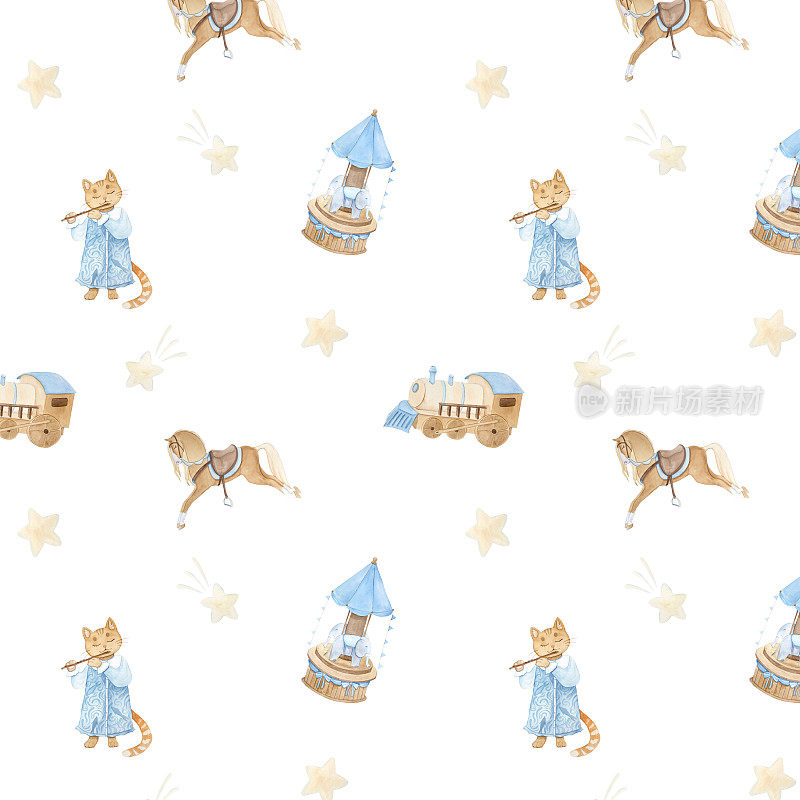 水彩图案与复古可爱的童话猫，旋转木马，马，星星