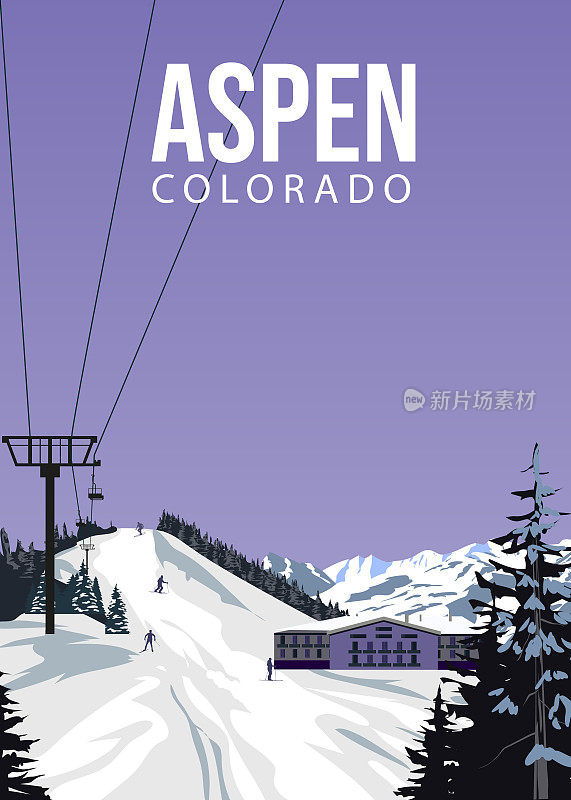 旅游胜地阿斯彭滑雪海报复古。美国科罗拉多冬季风景旅游卡