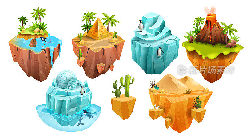 游戏岛，埃及沙漠金字塔，矢量等距3D漂浮陆地，丛林棕榈，冰山，火山。