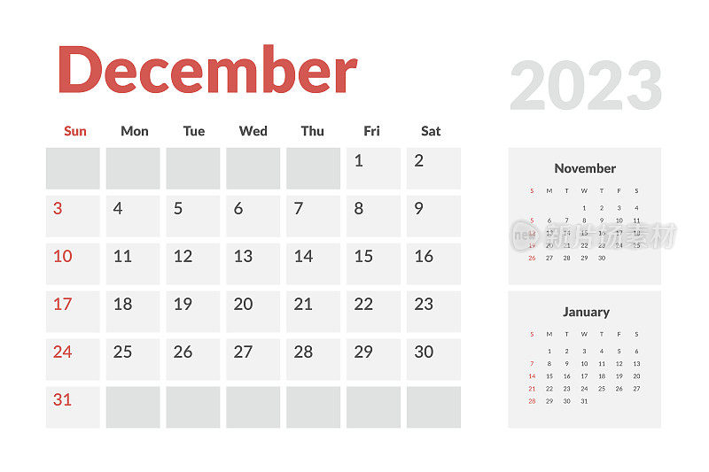 2023年12月月历模板。矢量简单的灰色网格布局的墙壁或办公桌日历与周开始在周一打印