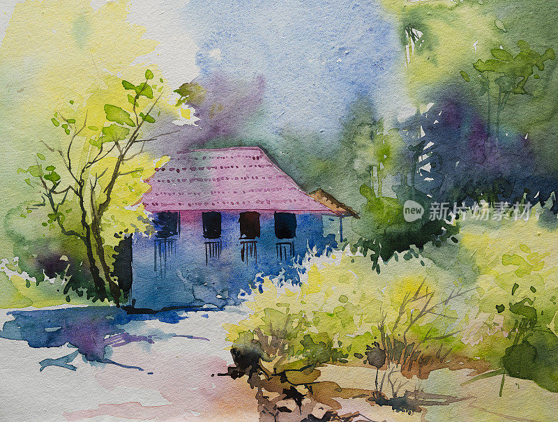 美丽的印度乡村水彩画与村庄的房子和树木。自然风景形象，手工水彩插画。