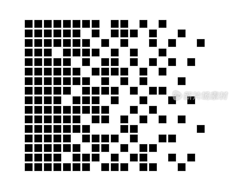 像素分解背景。半色调片段。分散的点状图案。解体的概念。正方形像素镶嵌纹理与正方形粒子。白色背景上的矢量插图