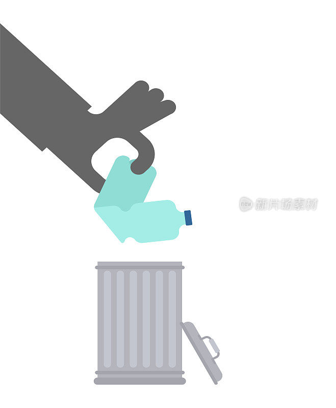 把塑料瓶扔到垃圾桶里。手把塑料扔进垃圾桶。