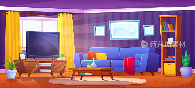卡通客厅室内配有沙发和电视