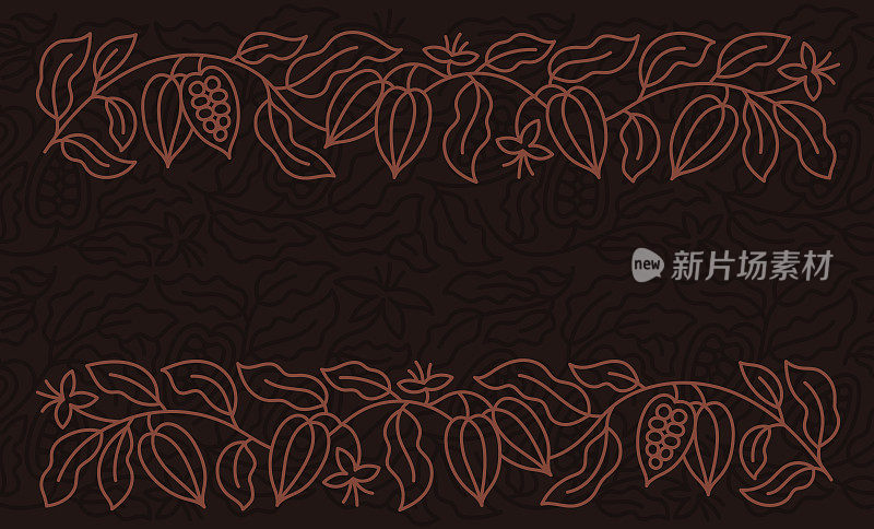 巧克力糖果盒横向背景。豆子和枝叶。矢量可编辑轮廓笔画。