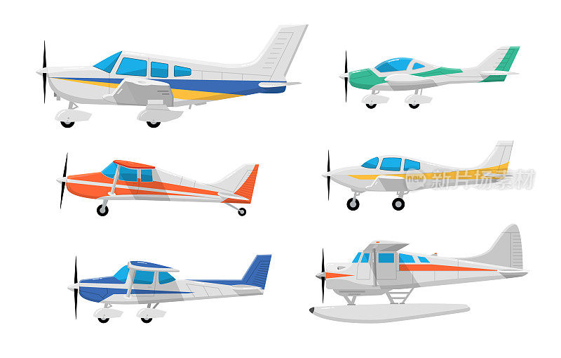 旧的飞机螺旋桨图标。老式玩具飞机集小平面图标双翼飞机集
