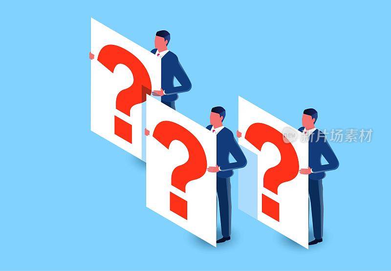 人和问题,提出问题并希望问题的答案,社会问题,等长的商人站在上面写着问号的标语牌上