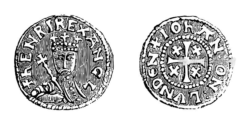 中世纪银便士的亨利二世-英格兰国王(1154-1189)-古董雕刻插图