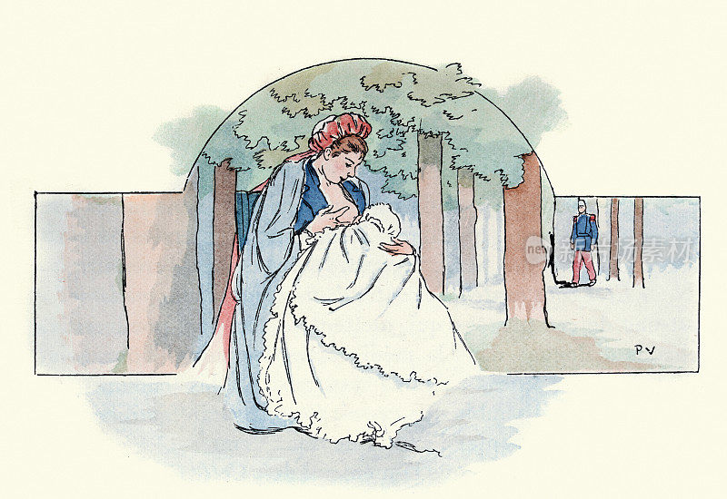 年轻母亲用母乳喂婴儿,维多利亚时代的法国,19世纪90年代