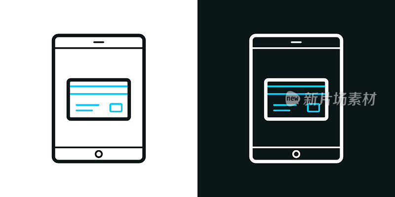 带信用卡的平板电脑。黑色或白色背景上的双色线条图标-可编辑笔触