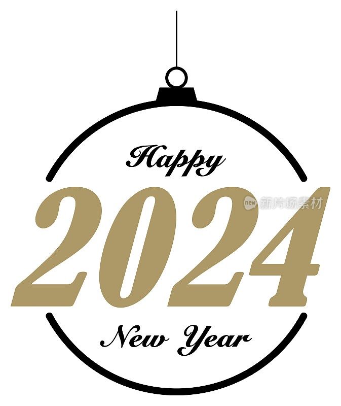 新年快乐2024问候矢量在金色和黑色。摘要圣诞小玩意。孤立的背景。