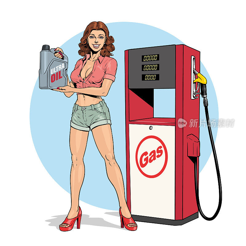 女子手持汽油机油罐，加油站和油泵车服务隔离在白色背景上。手绘矢量插图。
