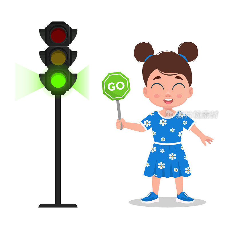 女孩带着要走的信号。交通灯显示绿色信号。