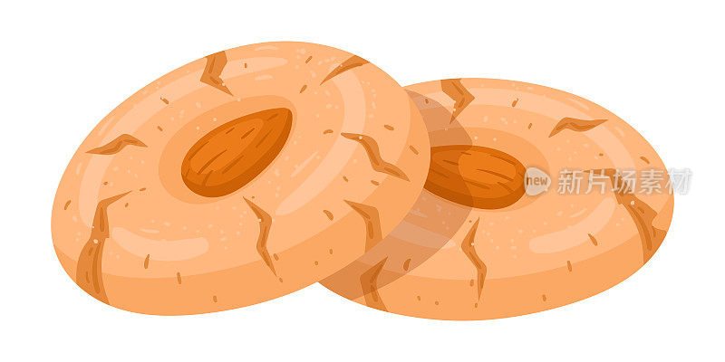 杏仁饼干。中国饼干顶着杏仁，亚洲饼干甜点平面矢量插图