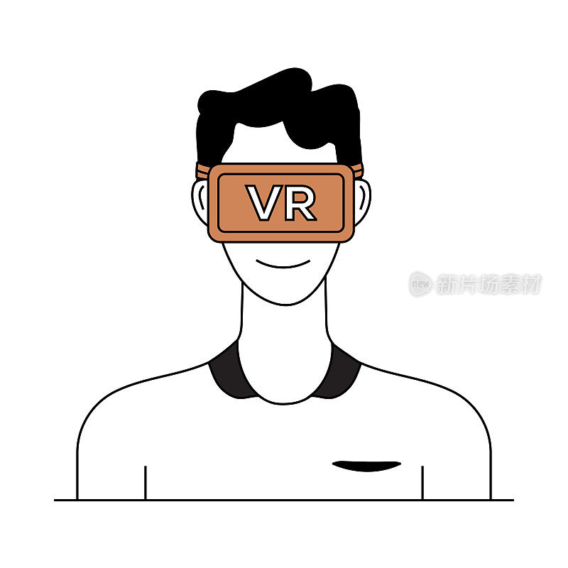 戴着虚拟或增强现实眼镜，在白色背景上摆姿势的人。彩色设计，前视图。