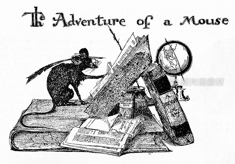 一只老鼠的冒险故事，老鼠拿着笔和眼镜站在一摞书上看书
