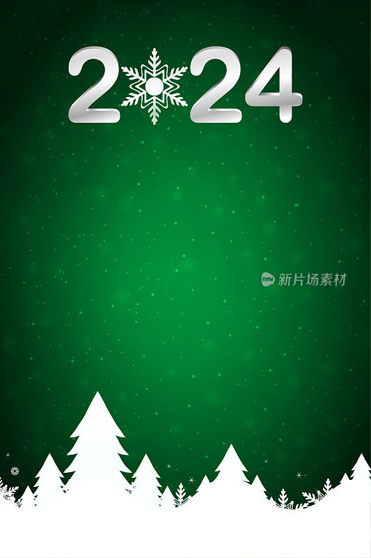 闪闪发光的圣诞垂直深绿色新年快乐矢量背景与创意文字2024和白色白雪覆盖的山脉与针叶圣诞树和雪花和闪亮的点在明亮的充满活力的背景