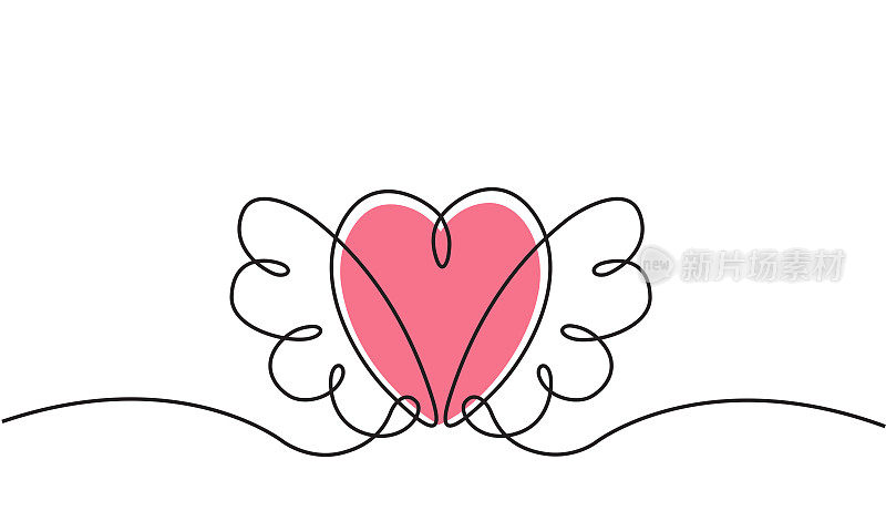 可爱的粉红色心脏单线绘制边界与丘比特翅膀