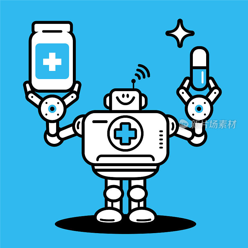 数字健康伴侣，一个人工智能机器人医生，拿着一个药罐和一个胶囊