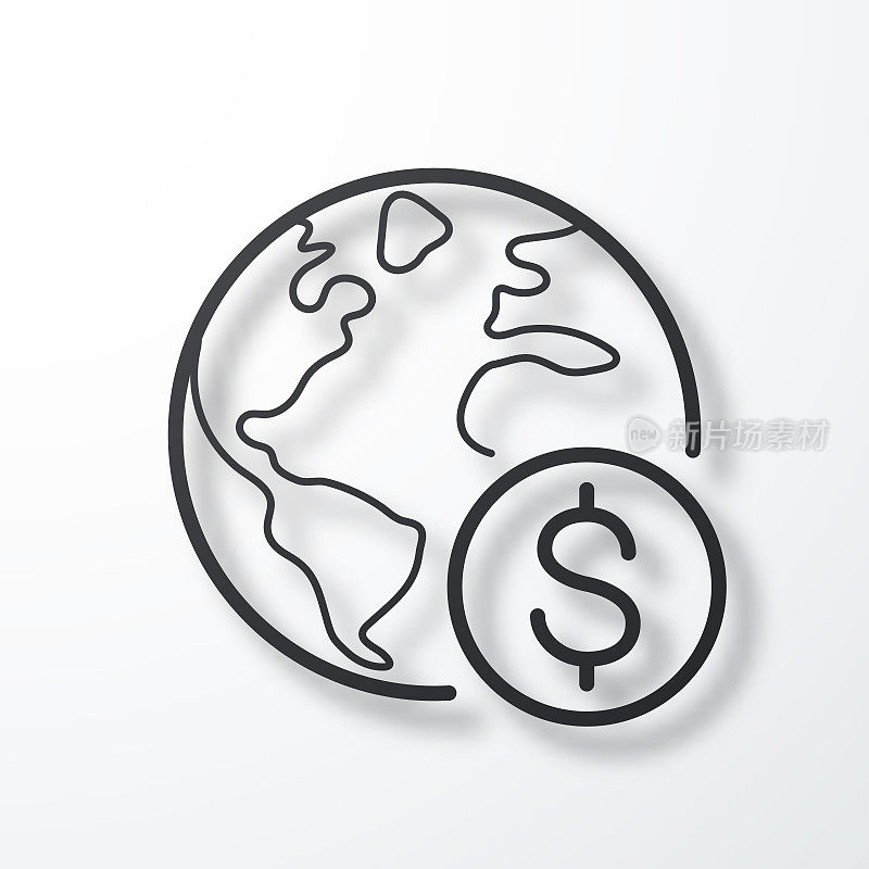 地球有美元符号。线图标与阴影在白色背景