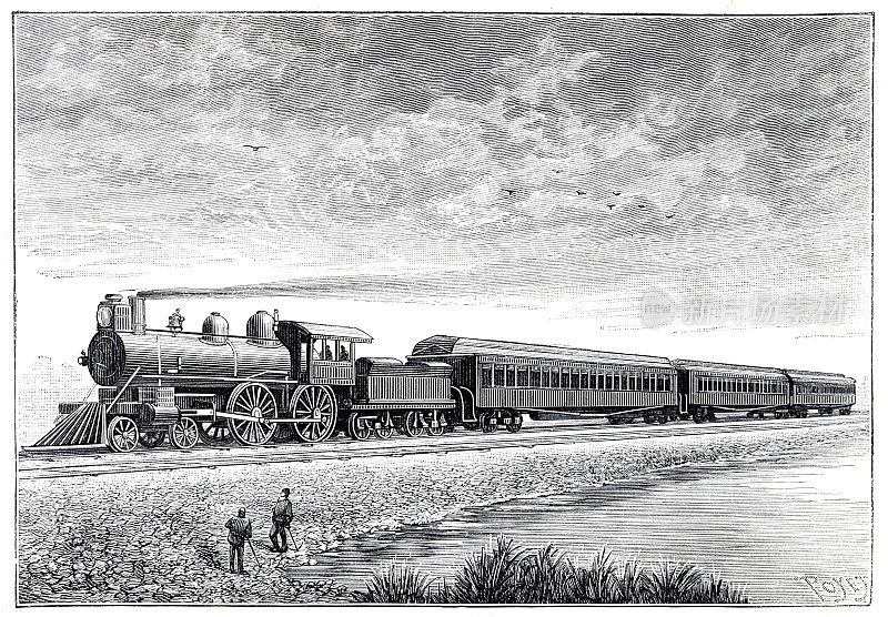 美国1892年雕刻的高速蒸汽火车