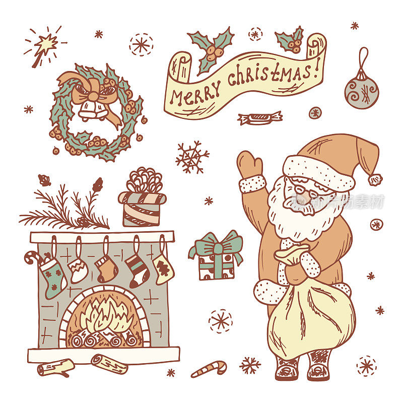 假日。圣诞快乐。圣诞老人，壁炉，装饰品