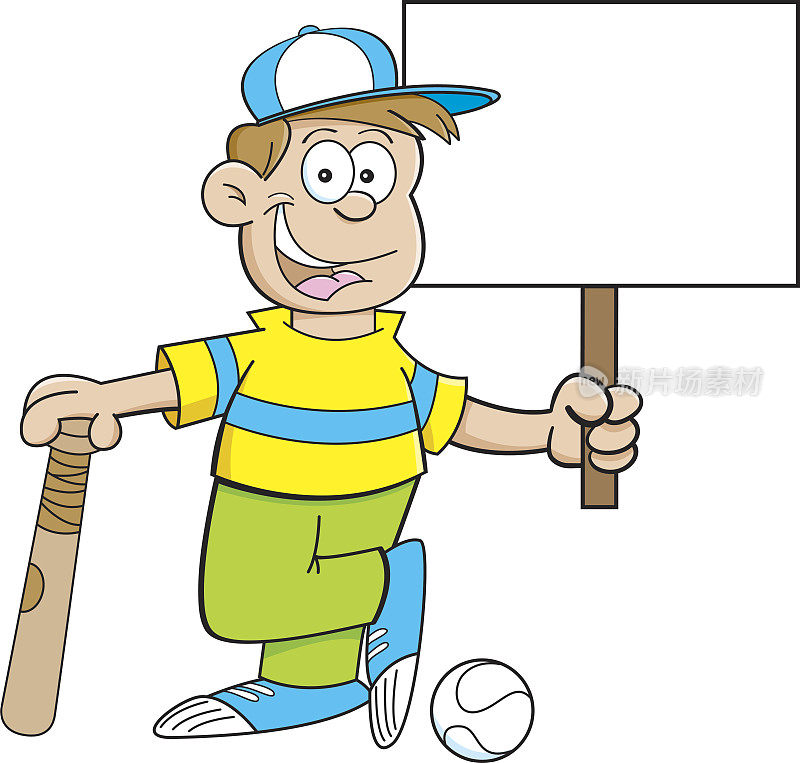 卡通男孩倚着棒球棒，举着一个牌子。