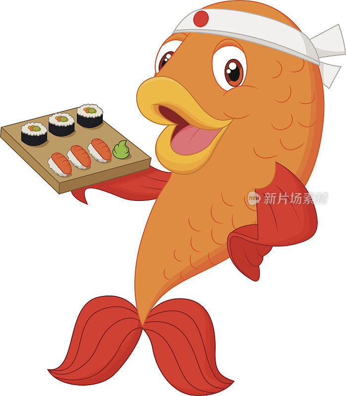 卡通厨师鱼拿着寿司