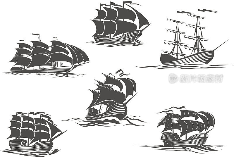 帆船、帆船、游艇和帆船图标