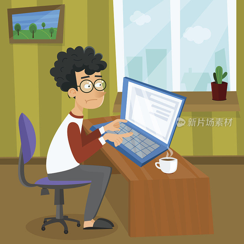 矢量卡通年轻程序员是与笔记本电脑工作。EPS10说明学生学习过程或寻找工作坐在家里