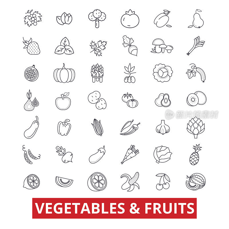蔬菜、杂烩水果、田园食品、新鲜番茄、苹果、胡萝卜、绿色沙拉系列图标。可编辑的中风。平面设计矢量插图符号概念。线性符号孤立在白色背景上